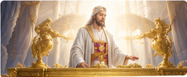 Christ as High Priest ministering in the heavenly sanctuary between golden cherubim