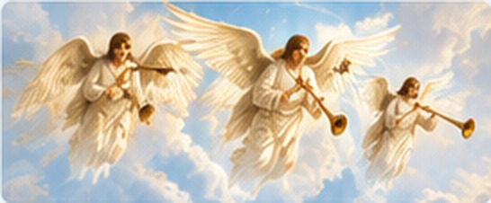 Three angels with trumpets flying through the clouds